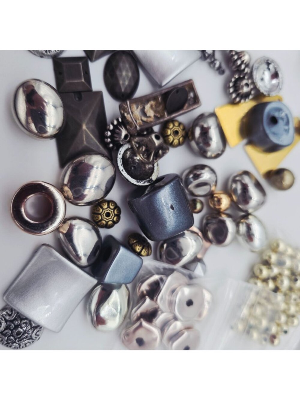 Assorted Jewelry Making Bead Lot Metallic Silver & Gold Tones Various Shapes Siz - Picture 8 of 9